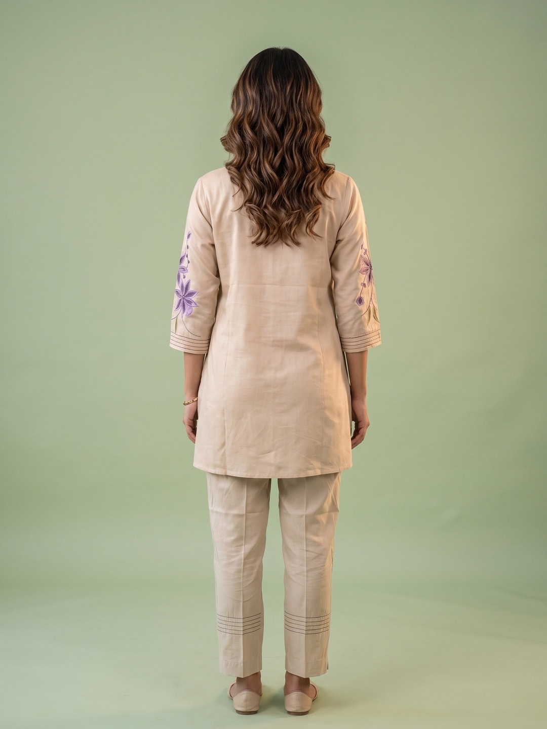 Peachmode Beige Viscose Blend Floral Embroidered Co-ord Set - Image 4