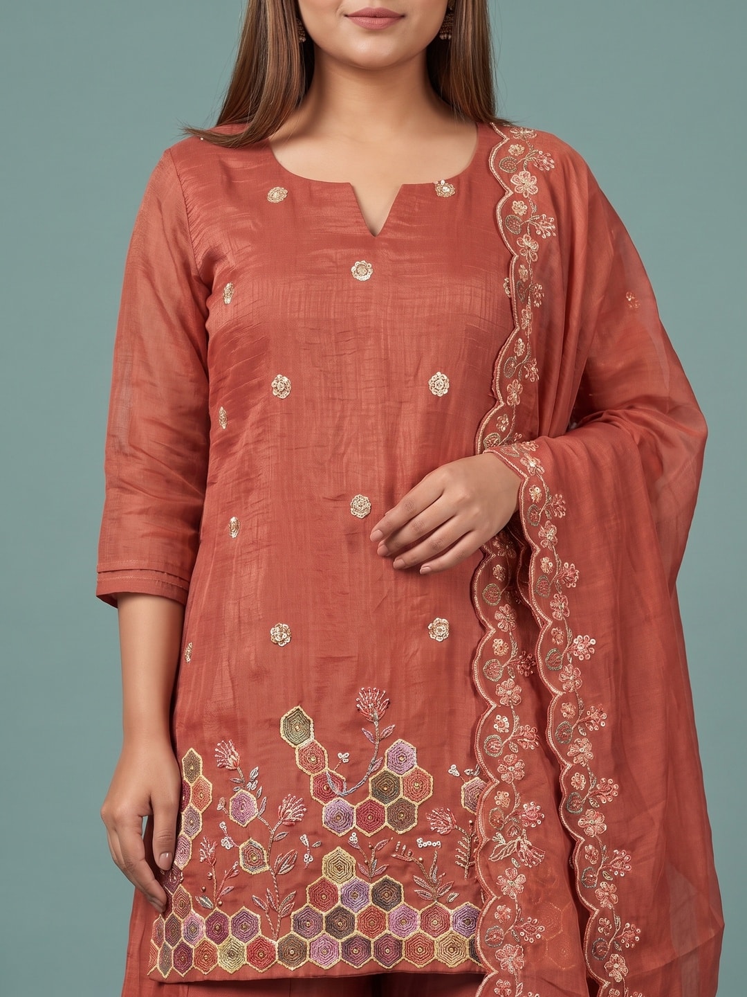 Peachmode Rust Silk Blend Embroidered Hem Salwar Suit - Image 5