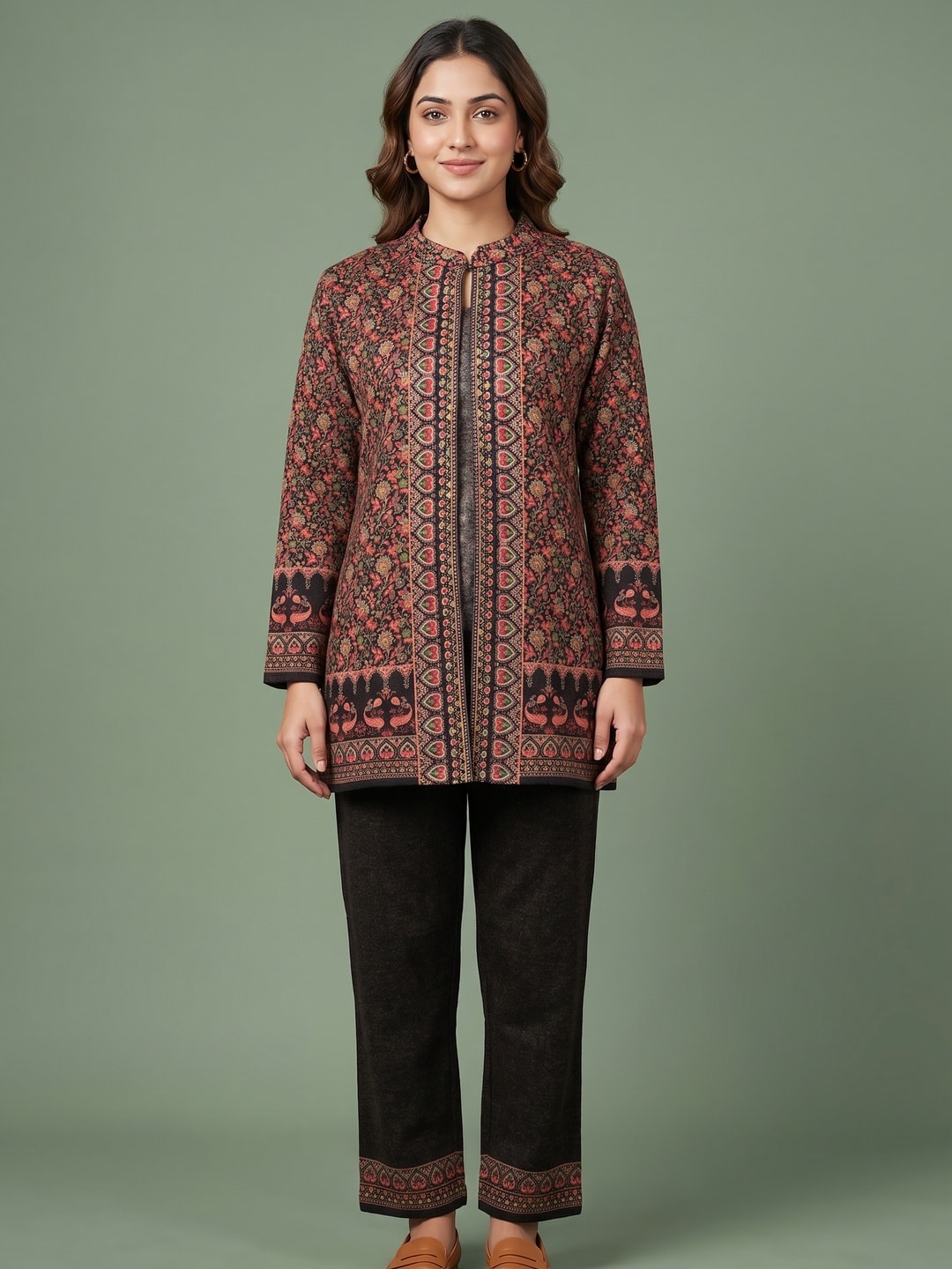 Peachmode Brown Woolen Printed Co-ord Set - Image 1