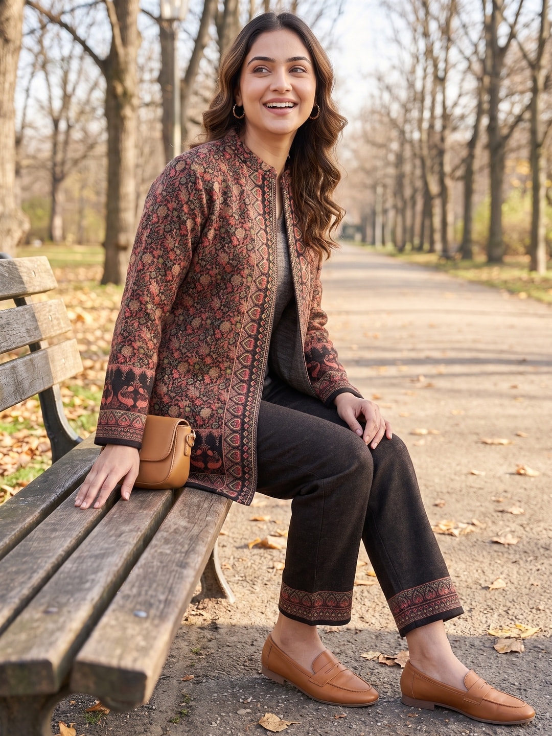 Peachmode Brown Woolen Printed Co-ord Set - Image 2