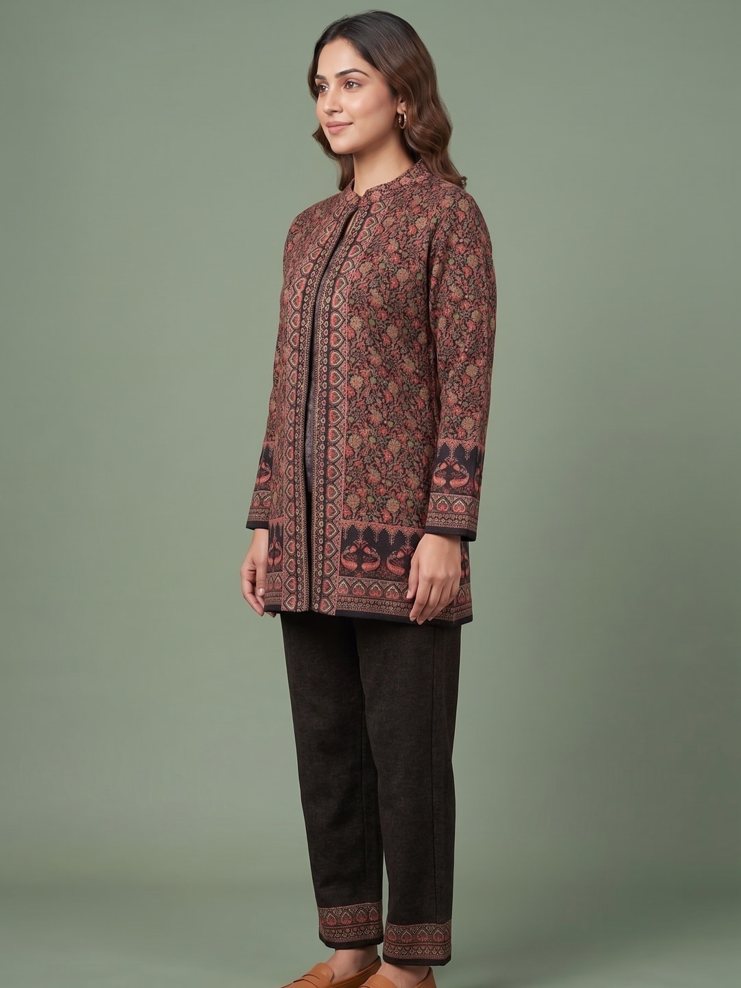 Peachmode Brown Woolen Printed Co-ord Set - Image 3