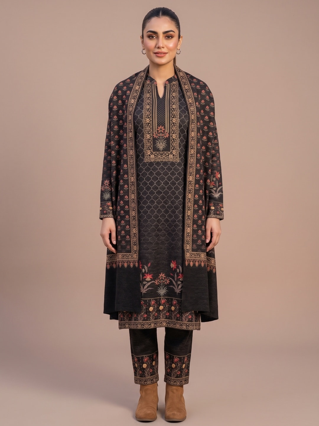 Peachmode Black Woolen Salwar Suit - Image 1