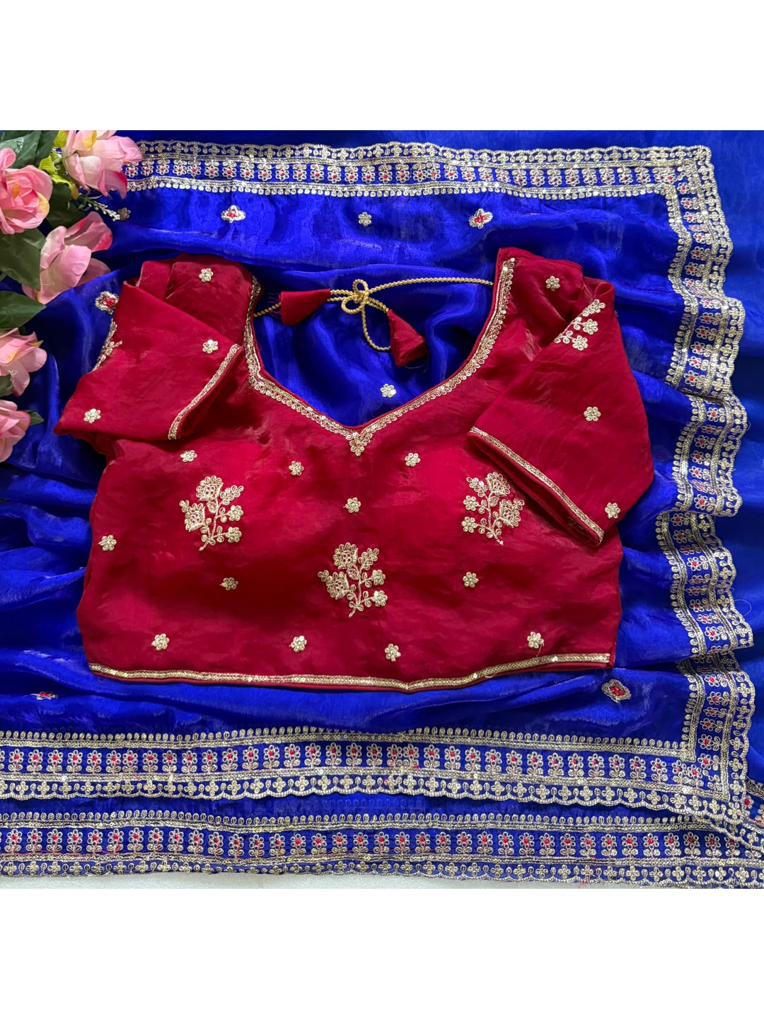 Peachmode Royal Blue Sequin Embroidered Fandy Satin Saree With Cutwork Border - Image 4