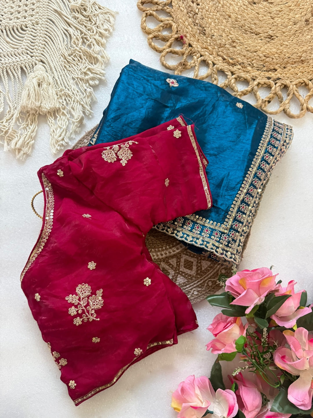 Peachmode Teal Blue Sequin Embroidered Fandy Satin Saree With Cutwork Border - Image 4