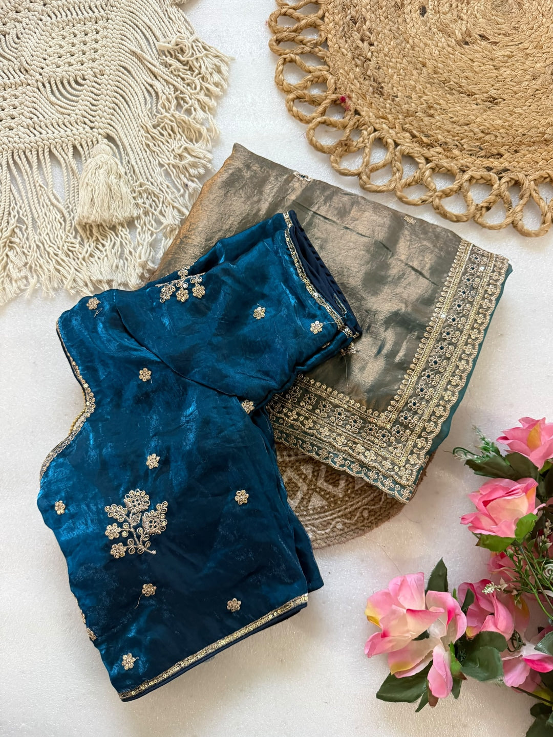 Peachmode Grey Gold Tissue Sequin Embroidered Fandy Satin Saree With Cutwork Border - Image 4