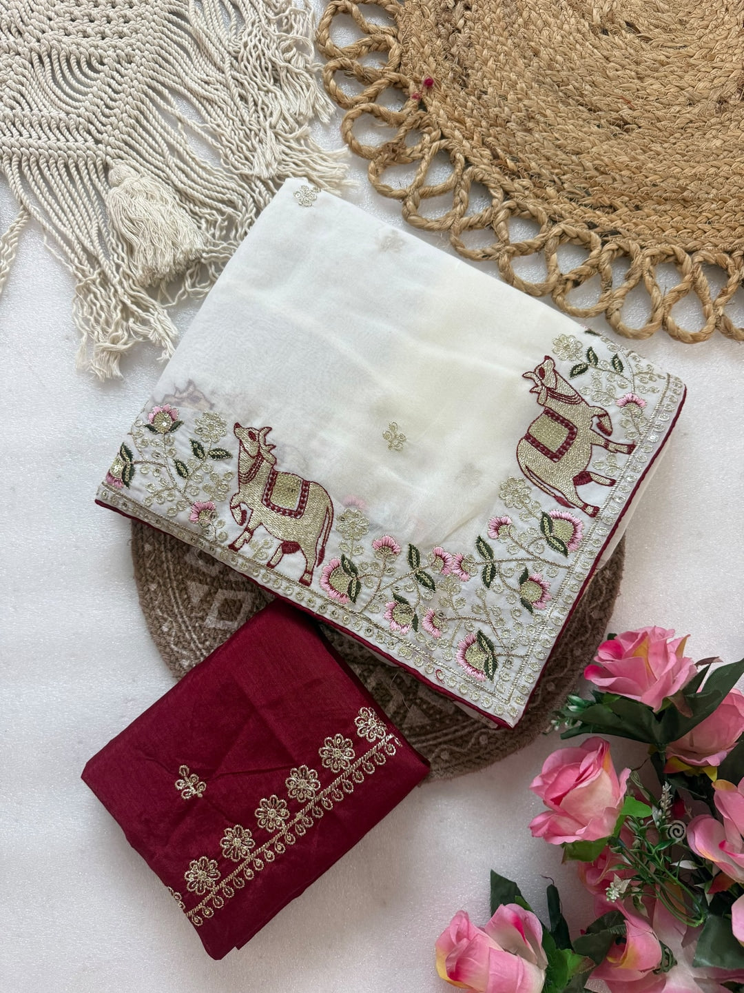 Peachmode Off White Embroidered Sequins Star Georgette Saree With Pichwai Cow Pallu - Image 5