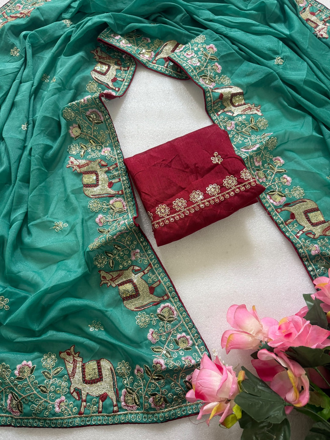 Peachmode Teal Embroidered Sequins Star Georgette Saree With Pichwai Cow Pallu - Image 4