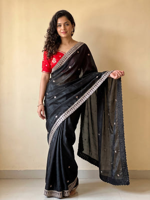 Peachmode Black Sequin Embroidered Fandy Satin Saree With Cutwork Border - Image 1
