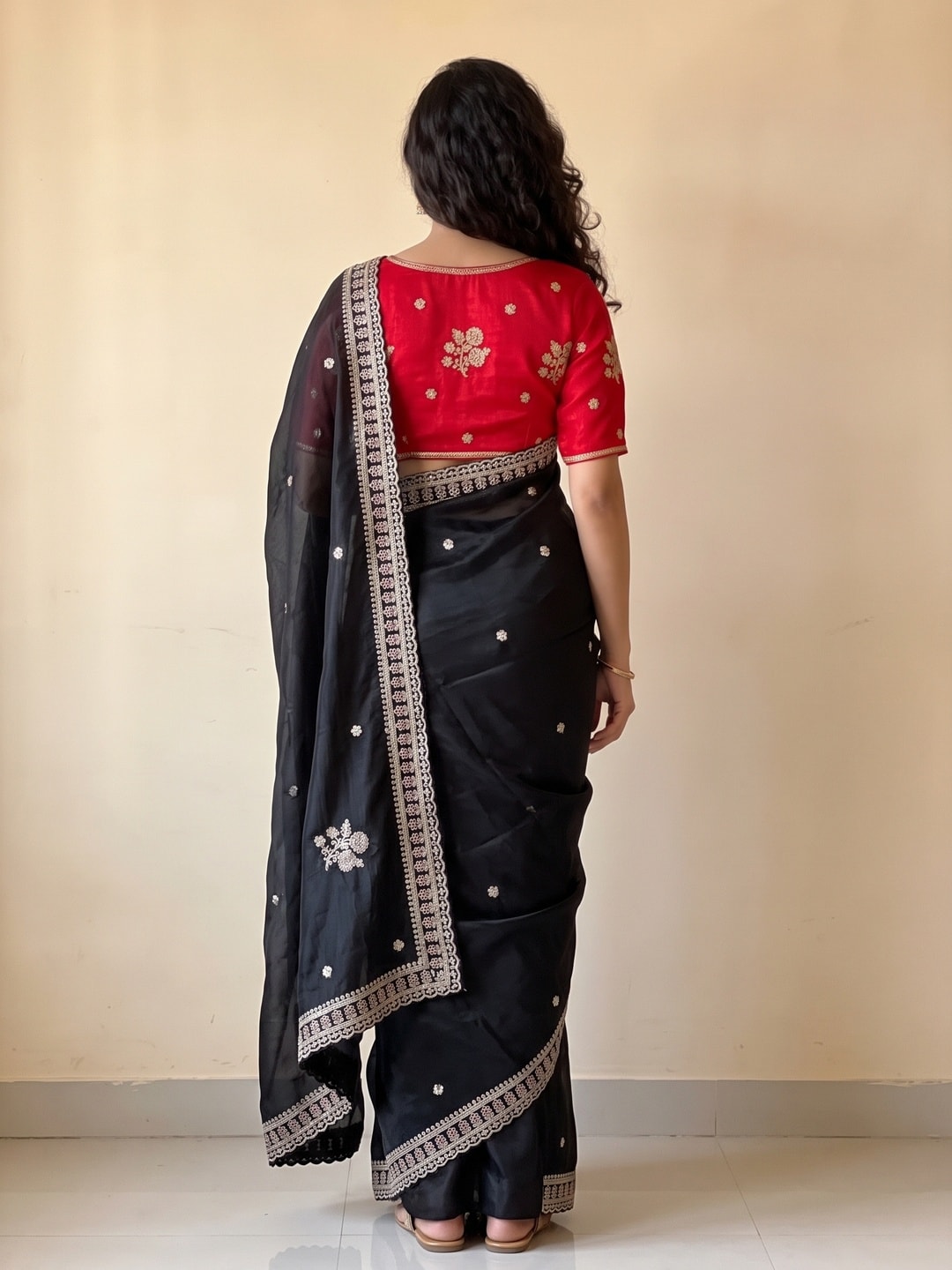 Peachmode Black Sequin Embroidered Fandy Satin Saree With Cutwork Border - Image 2