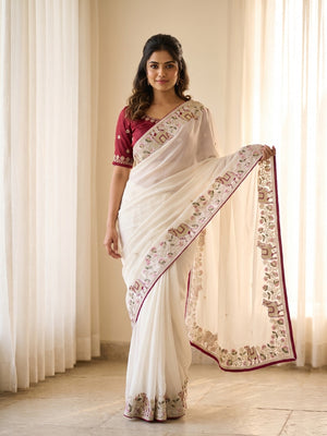 Peachmode Off White Embroidered Sequins Star Georgette Saree With Pichwai Cow Pallu - Image 1