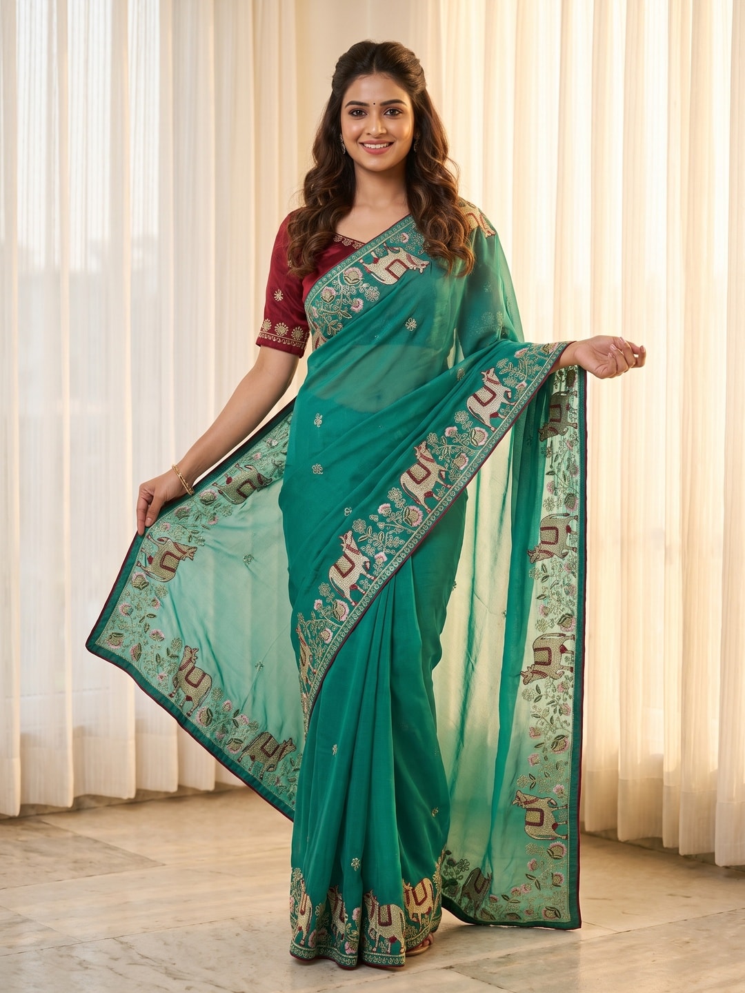 Peachmode Teal Embroidered Sequins Star Georgette Saree With Pichwai Cow Pallu - Image 1