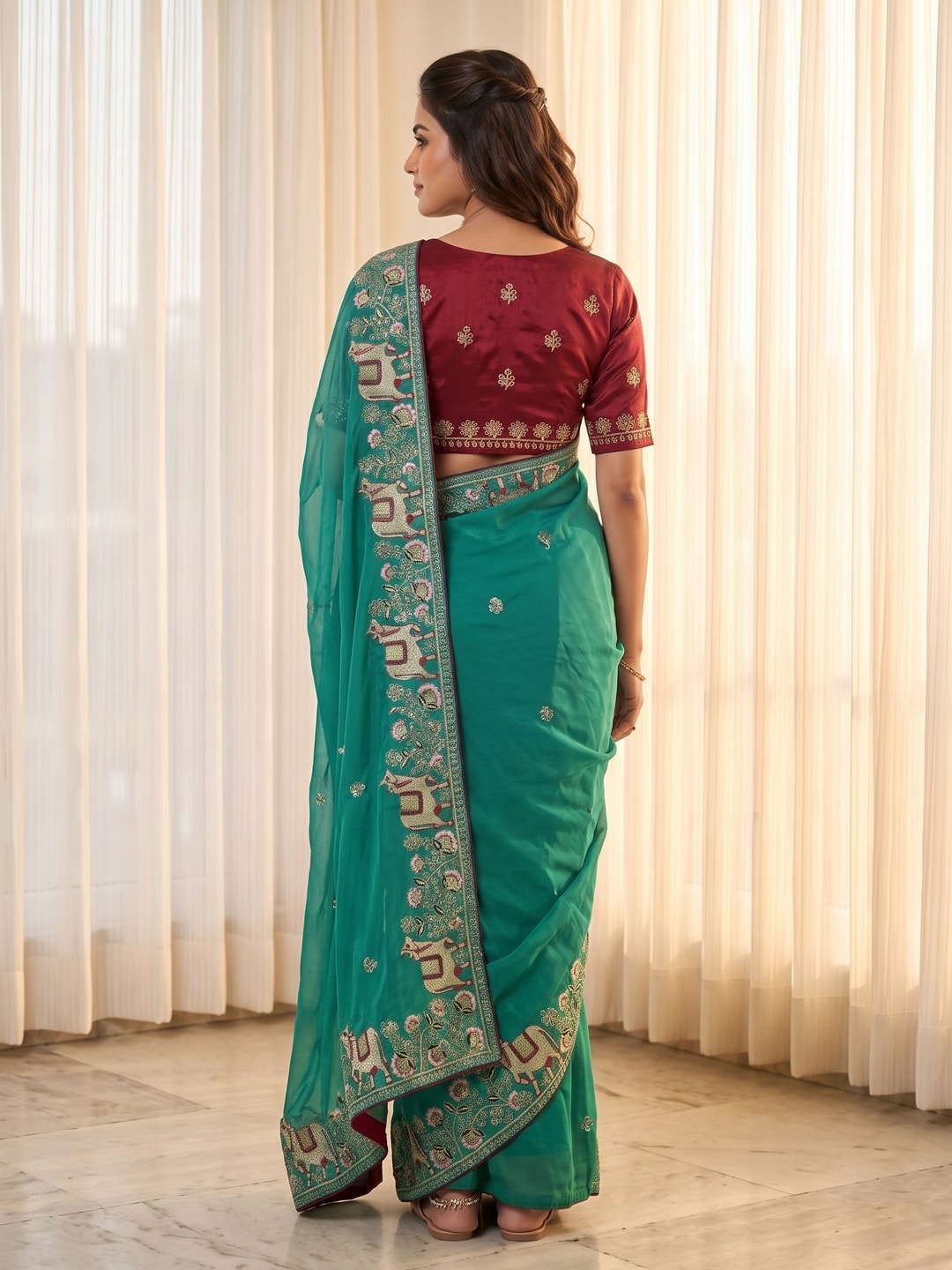 Peachmode Teal Embroidered Sequins Star Georgette Saree With Pichwai Cow Pallu - Image 3