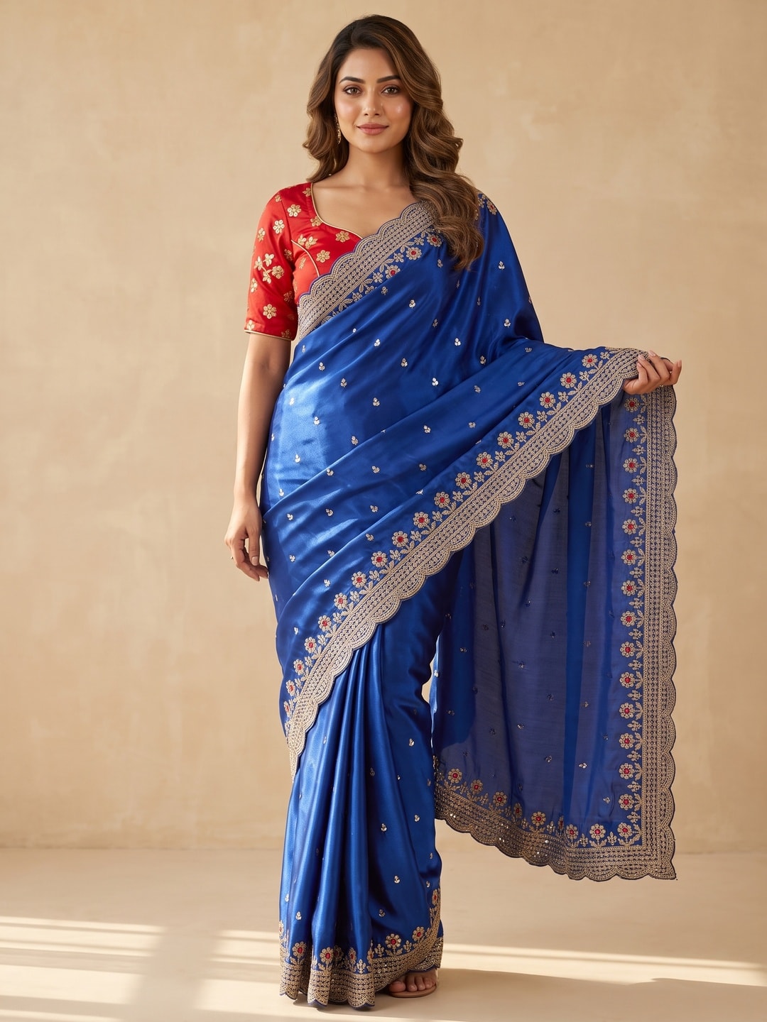 Peachmode Royal Blue Sequin Embroidered Fandy Satin Saree With Cutwork Border - Image 1
