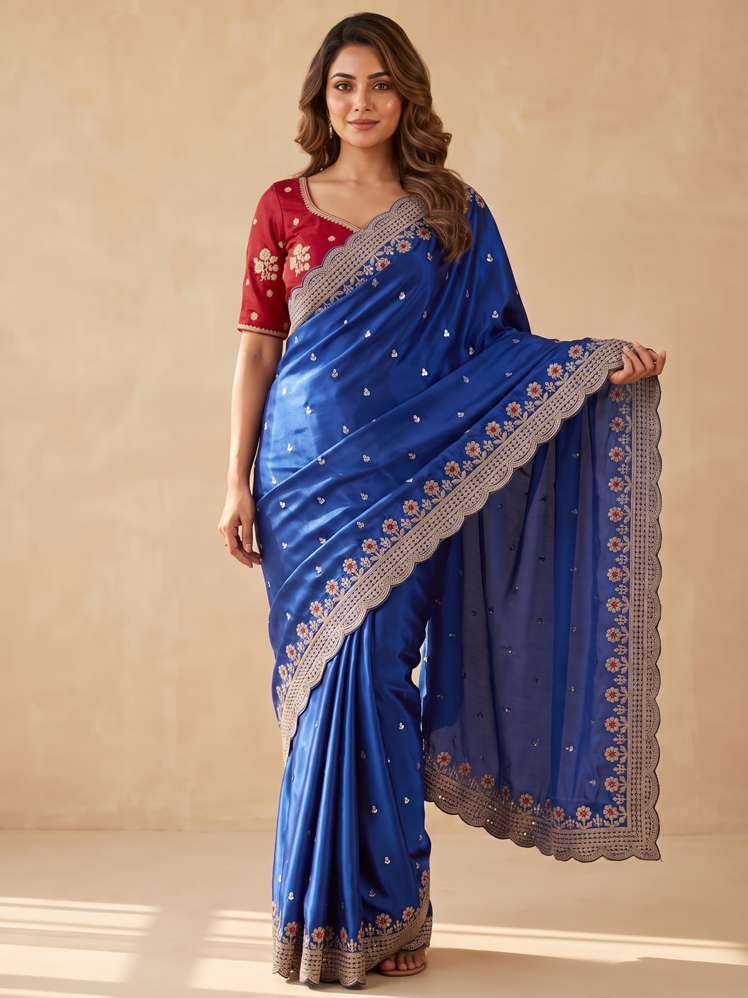 Peachmode Royal Blue Sequin Embroidered Fandy Satin Saree With Cutwork Border - Image 2