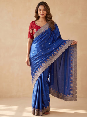 Peachmode Royal Blue Sequin Embroidered Fandy Satin Saree With Cutwork Border - Image 2