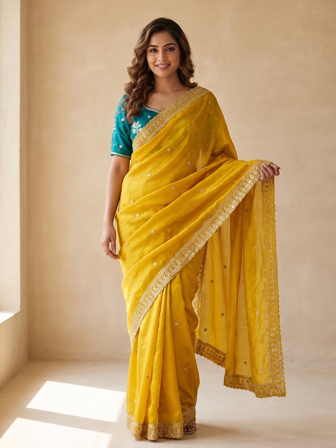 Peachmode Mustard Sequin Embroidered Fandy Satin Saree With Cutwork Border - Image 1