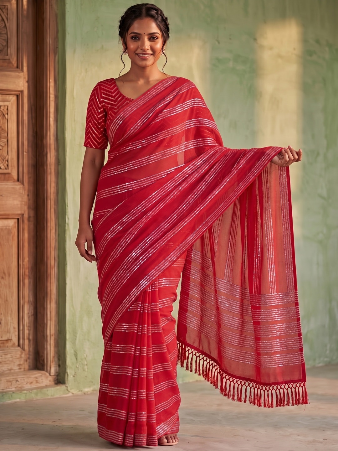 Peachmode Red Sequin Stripe Work Georgette Saree With Embroidered Blouse - Image 1