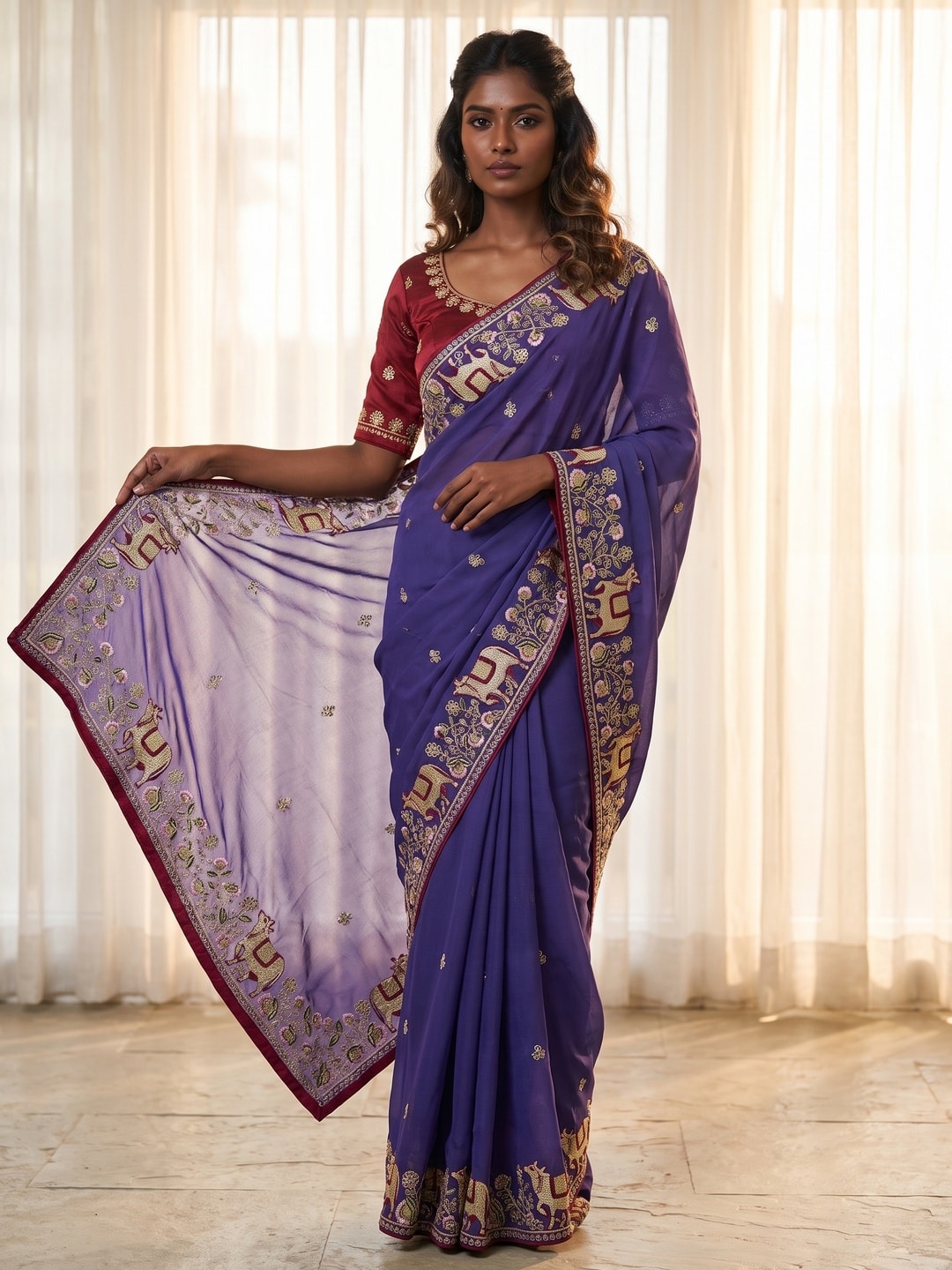 Peachmode Purple Embroidered Sequins Star Georgette Saree With Pichwai Cow Pallu - Image 1