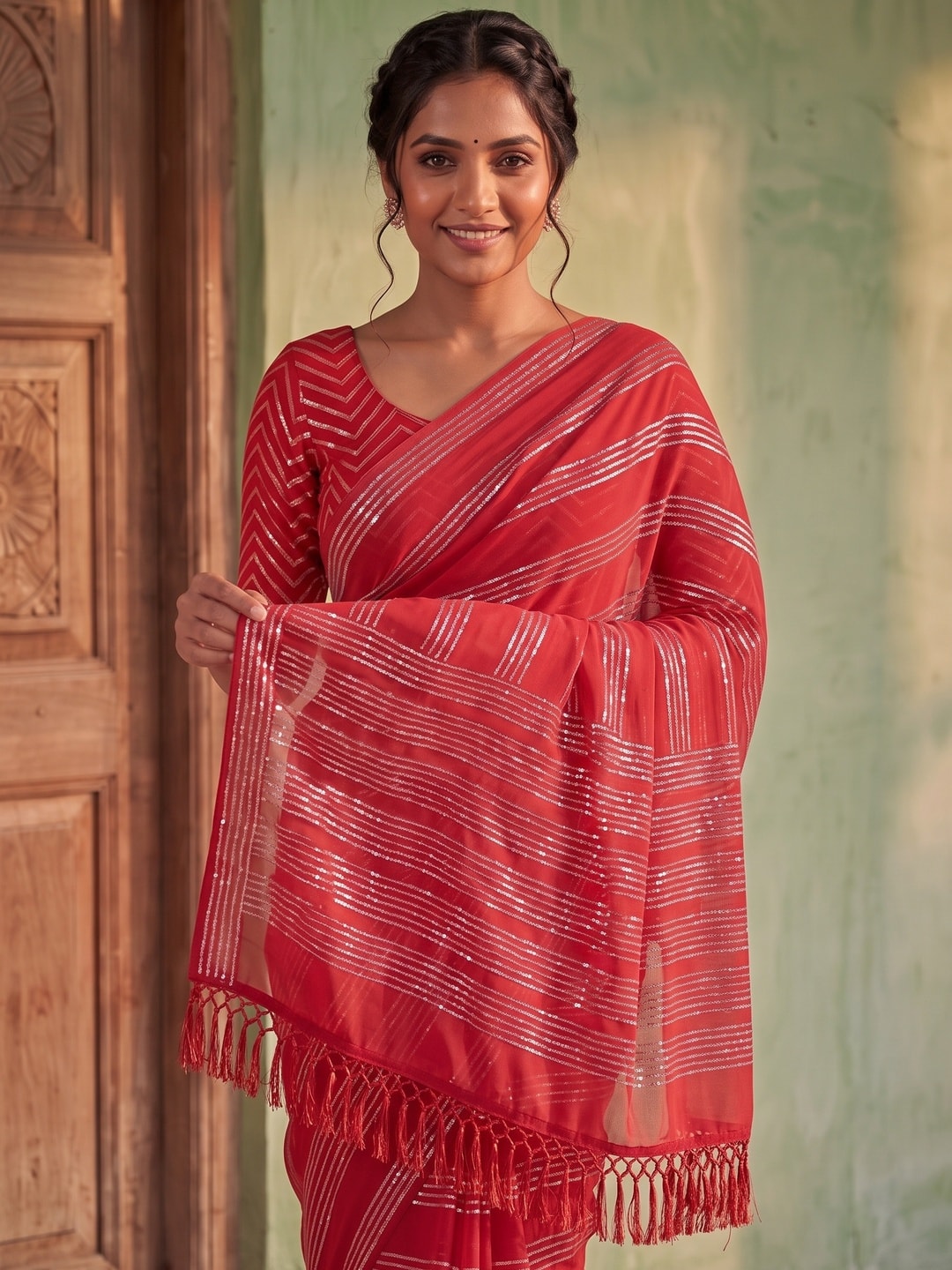 Peachmode Red Sequin Stripe Work Georgette Saree With Embroidered Blouse - Image 3
