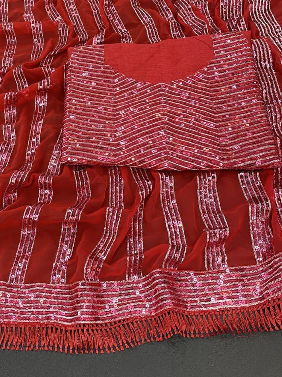Peachmode Red Sequin Stripe Work Georgette Saree With Embroidered Blouse - Image 5