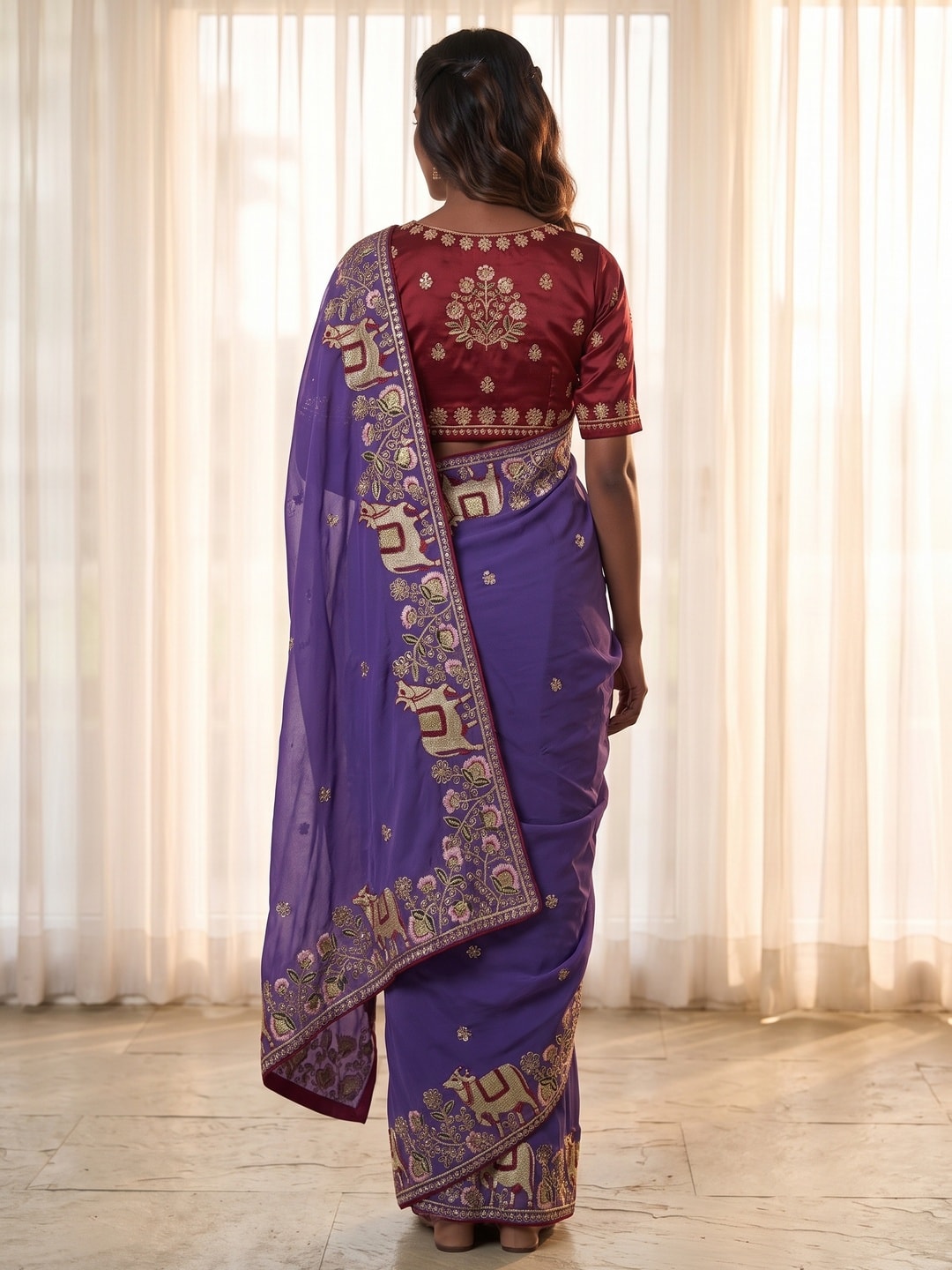 Peachmode Purple Embroidered Sequins Star Georgette Saree With Pichwai Cow Pallu - Image 2