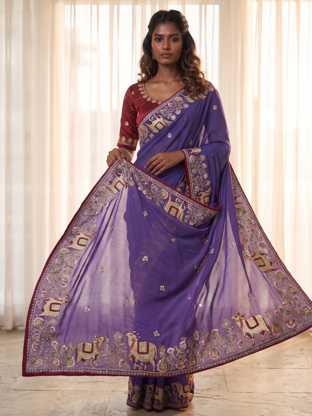 Peachmode Purple Embroidered Sequins Star Georgette Saree With Pichwai Cow Pallu - Image 3