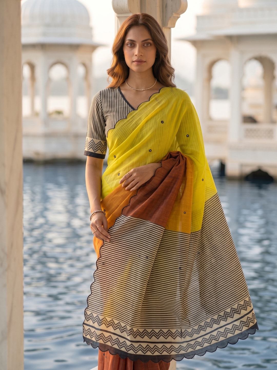 Peachmode Mustard Ombre Printed Linen Cotton Saree With Mirror Work - Image 4