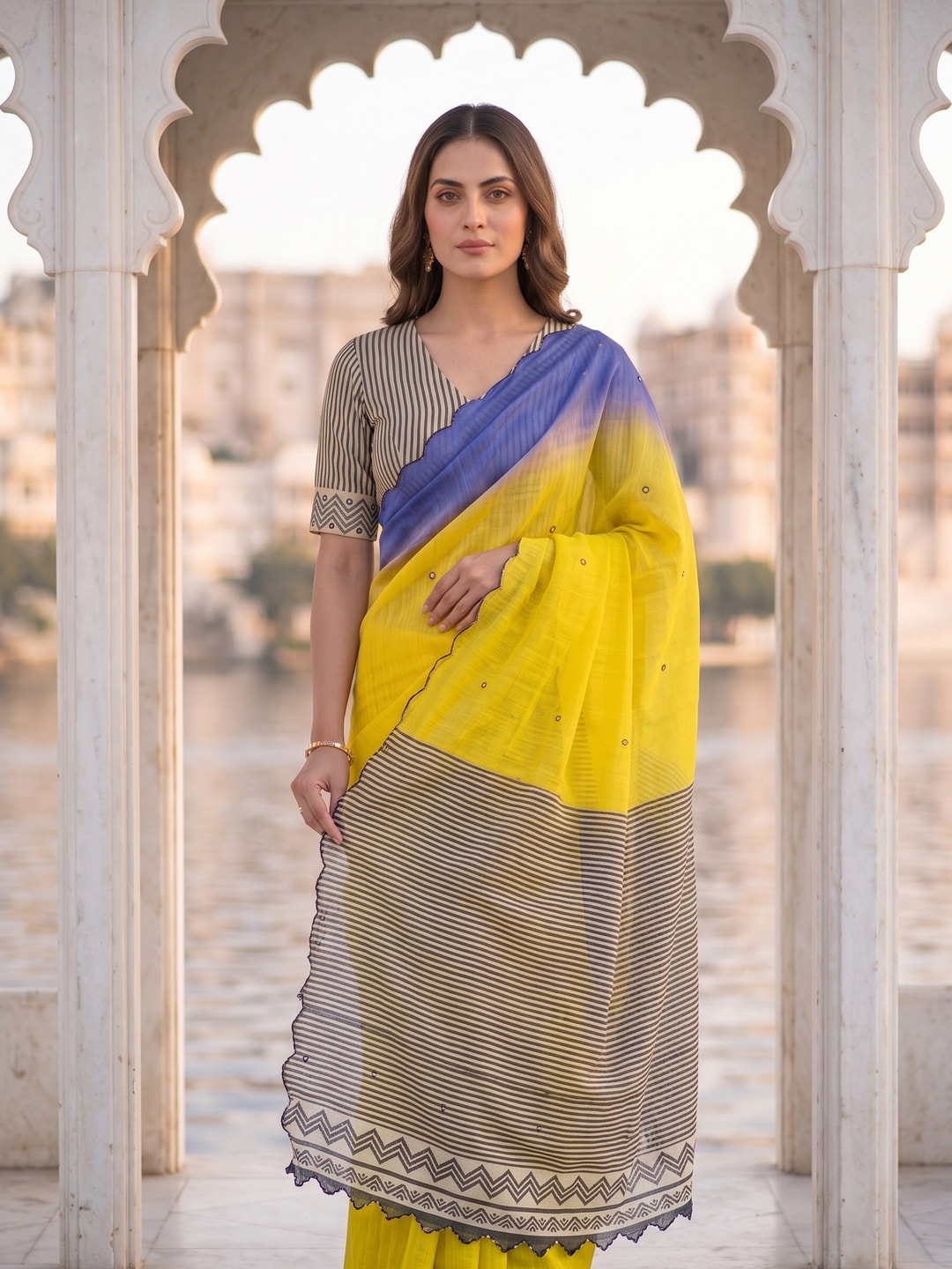 Peachmode Yellow Ombre Printed Linen Cotton Saree With Mirror Work - Image 3