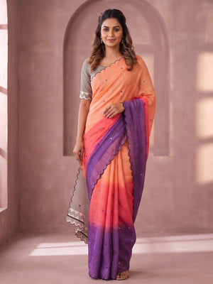 Peachmode Peach Ombre Printed Linen Cotton Saree With Mirror Work - Image 1