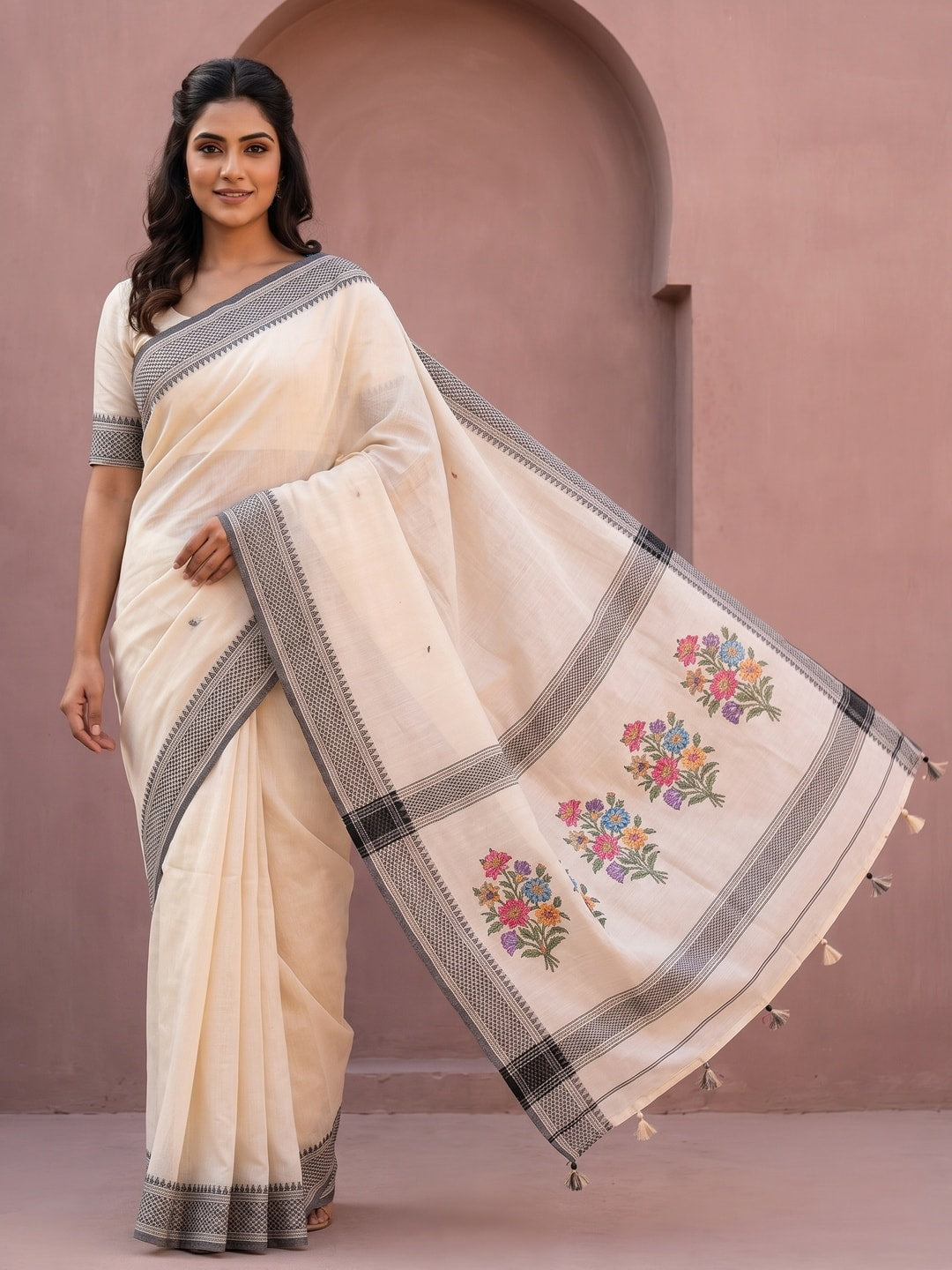 Peachmode Cream Jamdani Cotton Woven Saree with Floral Pallu - Image 1