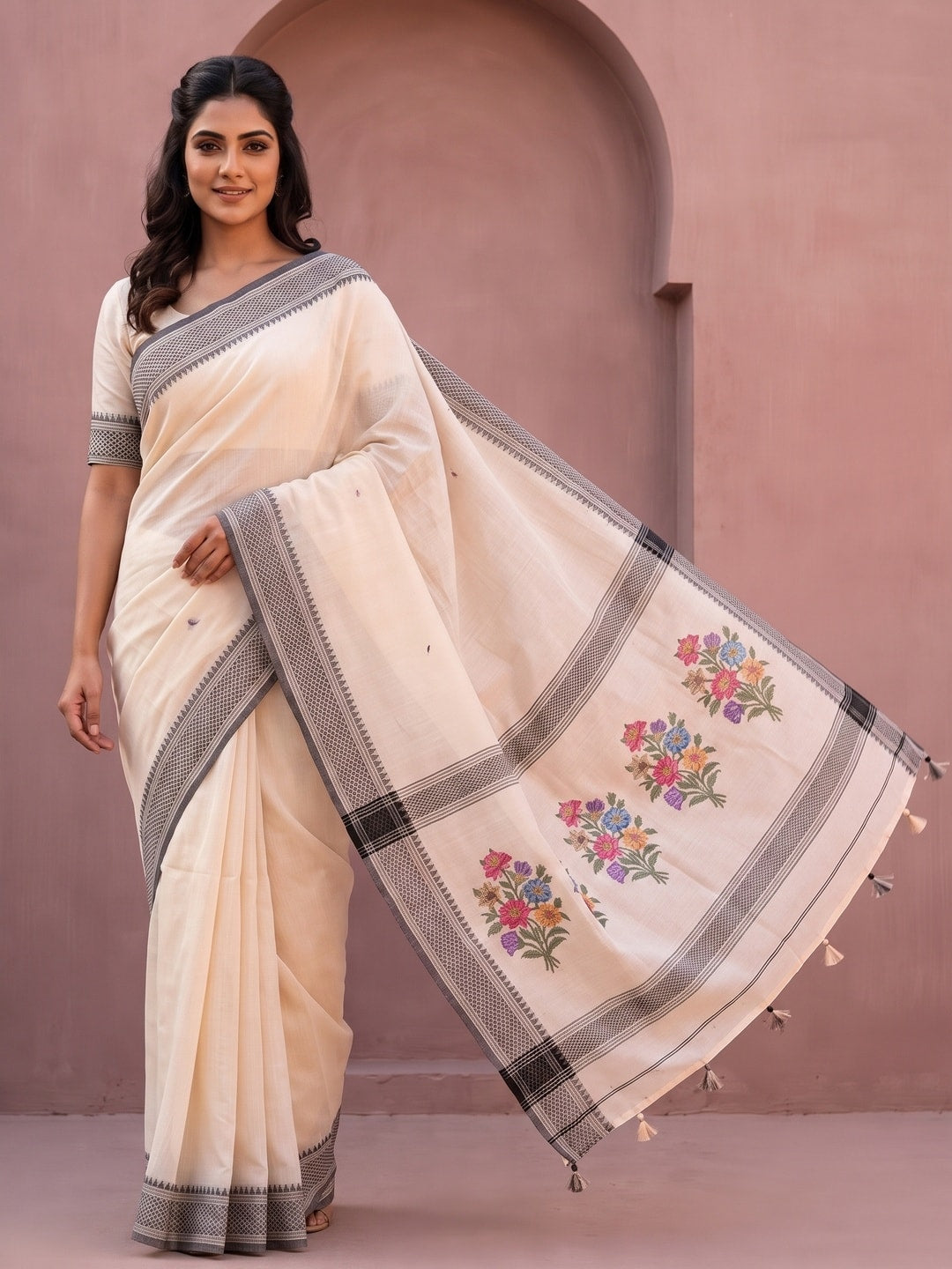 Peachmode Cream Jamdani Cotton Woven Saree with Floral Pallu - Image 2