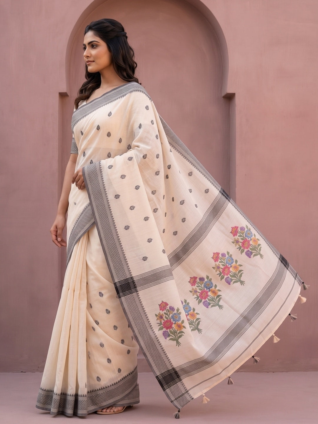 Peachmode Cream Jamdani Cotton Woven Saree with Floral Pallu - Image 3