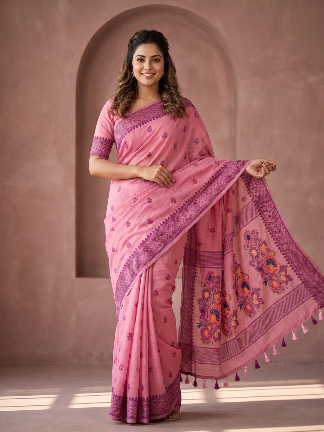 Peachmode Pink Jamdani Cotton Woven Saree with Floral Pallu - Image 1