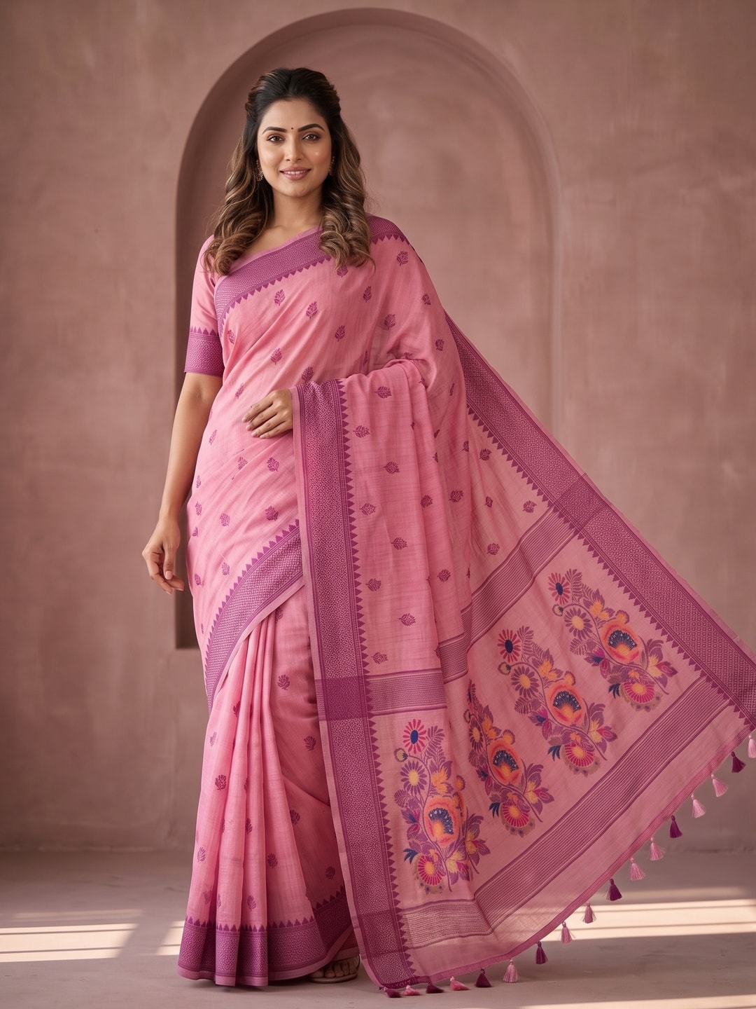 Peachmode Pink Jamdani Cotton Woven Saree with Floral Pallu - Image 2