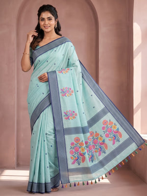 Peachmode Sea Green Jamdani Cotton Woven Saree with Floral Pallu - Image 2