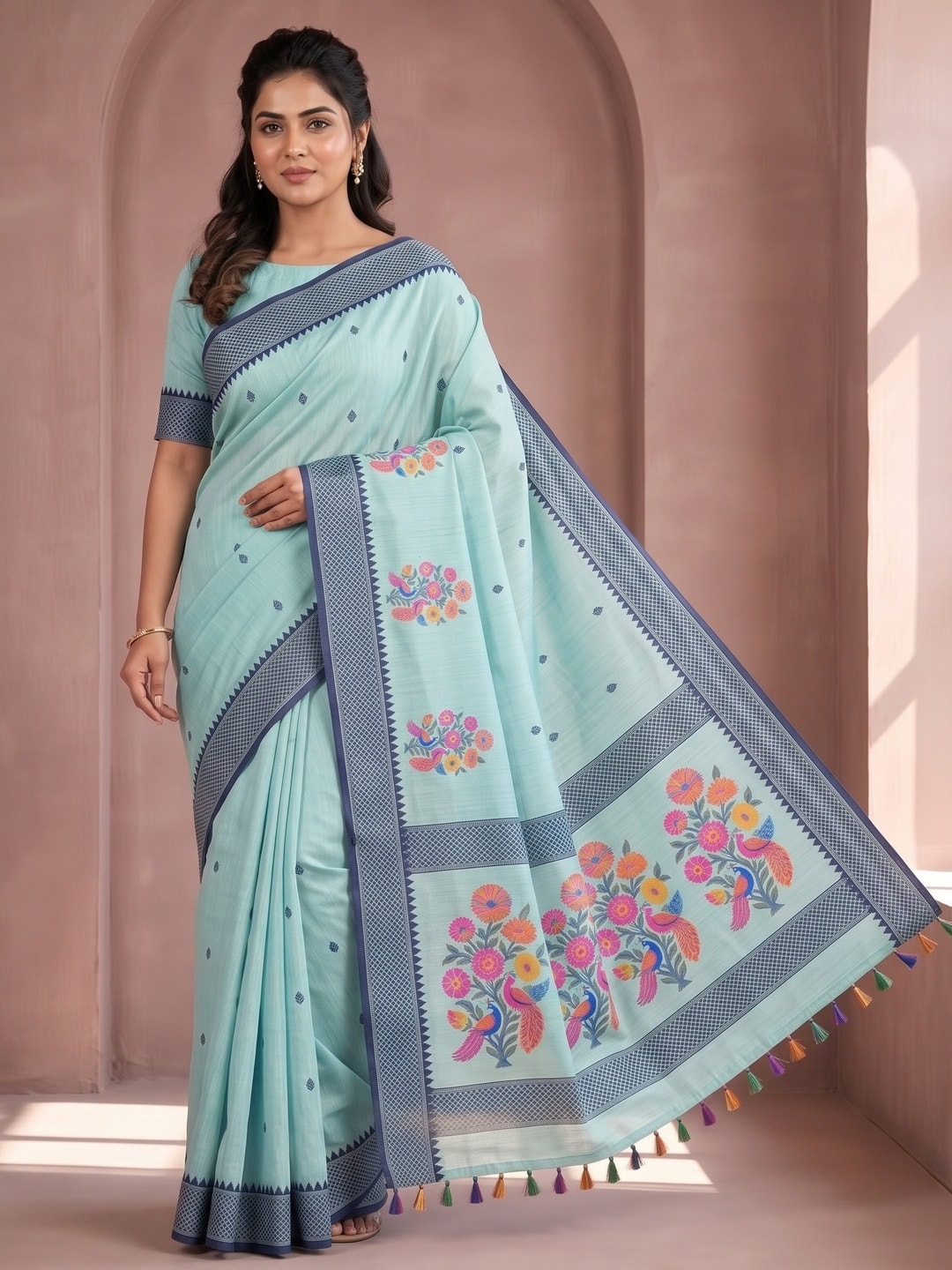 Peachmode Sea Green Jamdani Cotton Woven Saree with Floral Pallu - Image 5