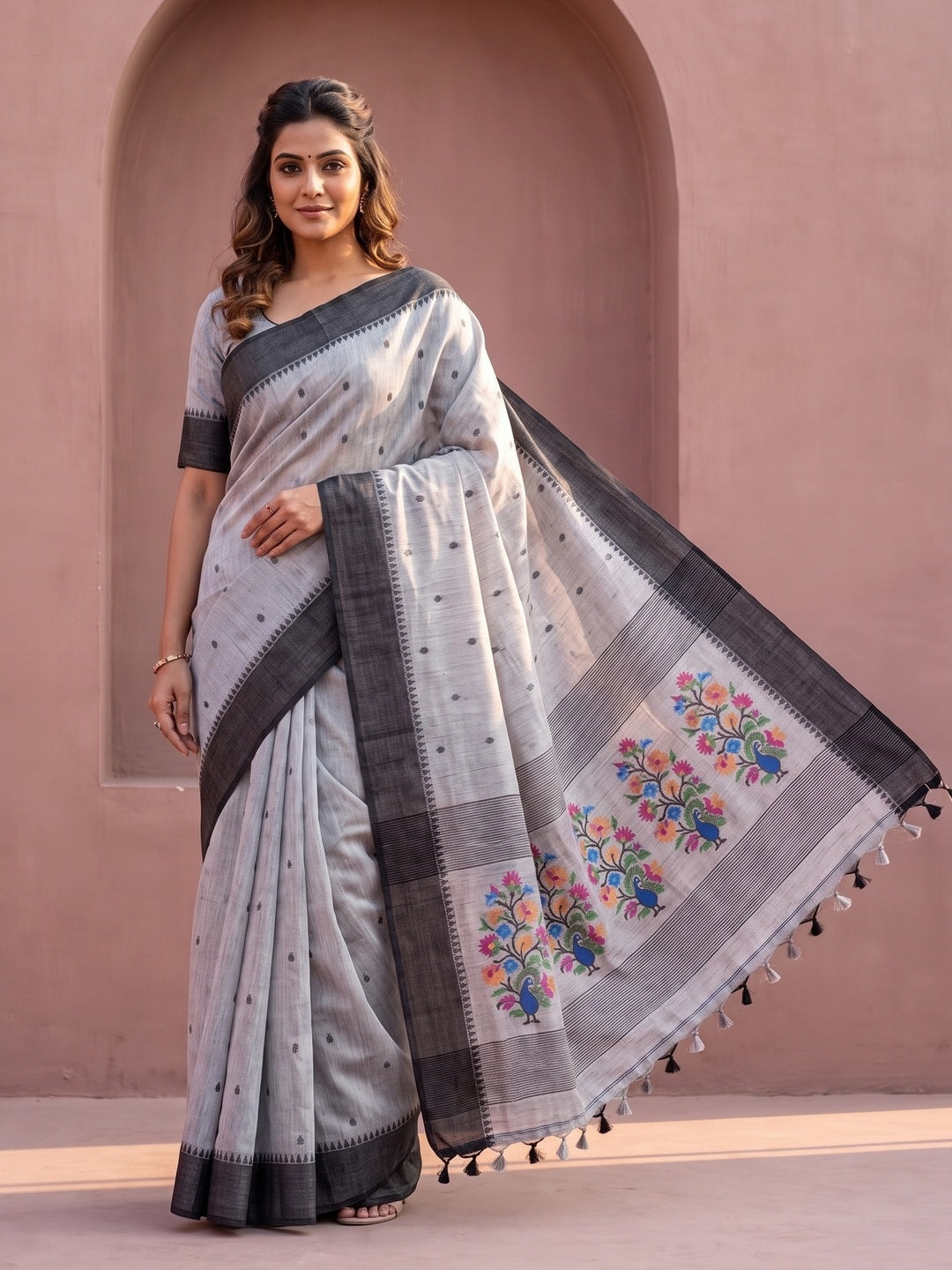 Peachmode Grey Jamdani Cotton Woven Saree with Floral Pallu - Image 2