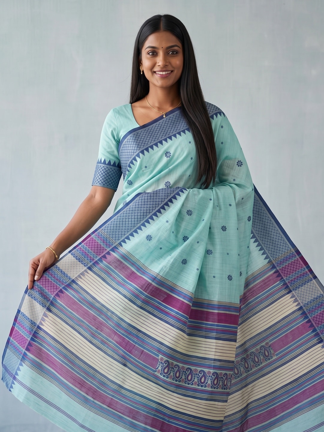 Peachmode Sea Green Jamdani Cotton Woven Saree with Striped Pallu - Image 5