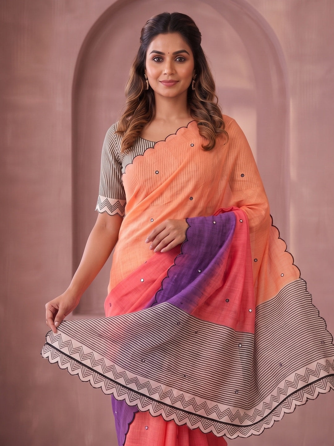 Peachmode Peach Ombre Printed Linen Cotton Saree With Mirror Work - Image 2