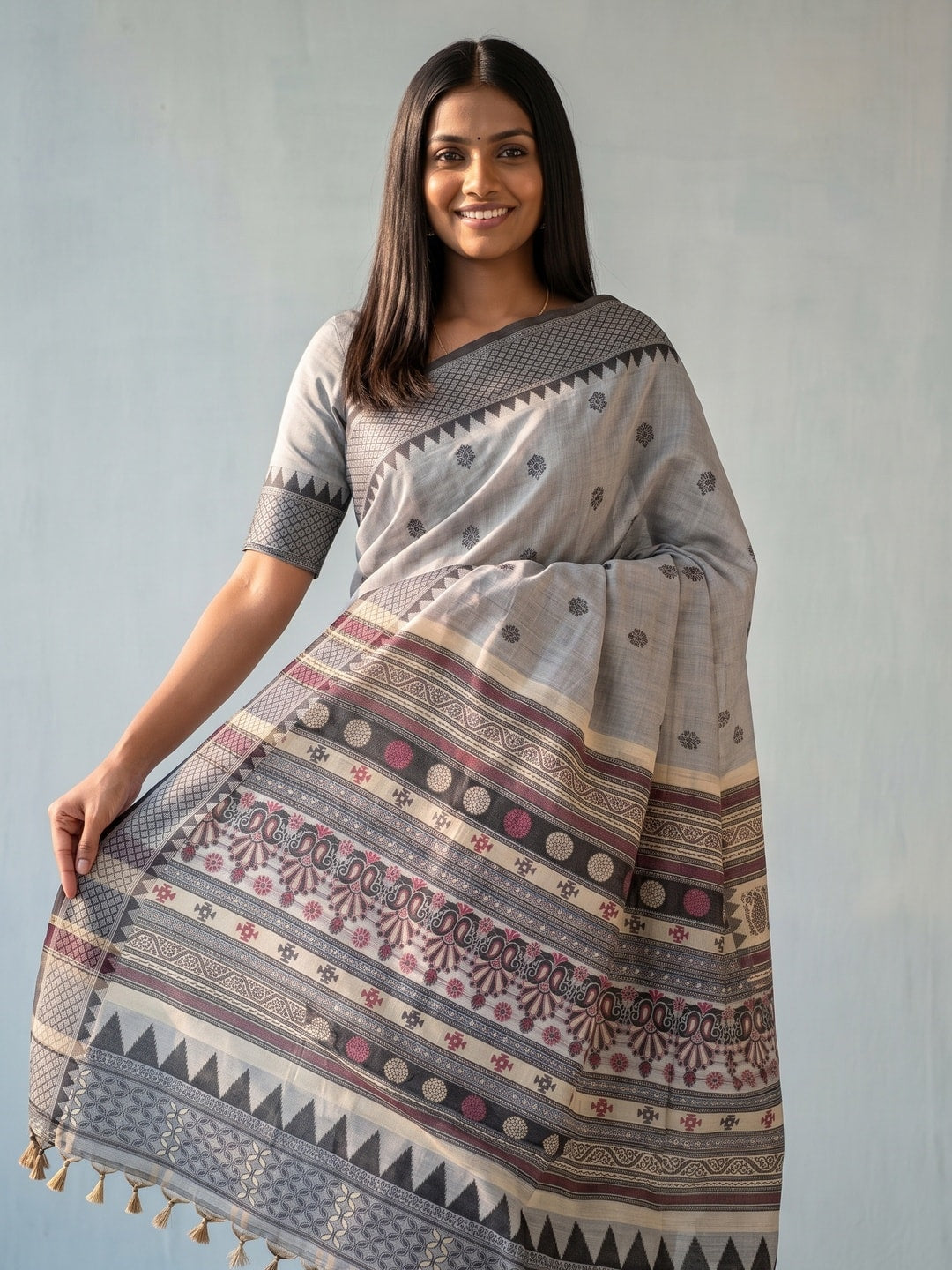 Peachmode Grey Jamdani Cotton Woven Saree with Striped Pallu - Image 5