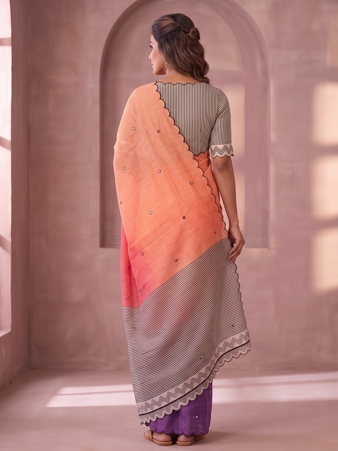 Peachmode Peach Ombre Printed Linen Cotton Saree With Mirror Work - Image 4