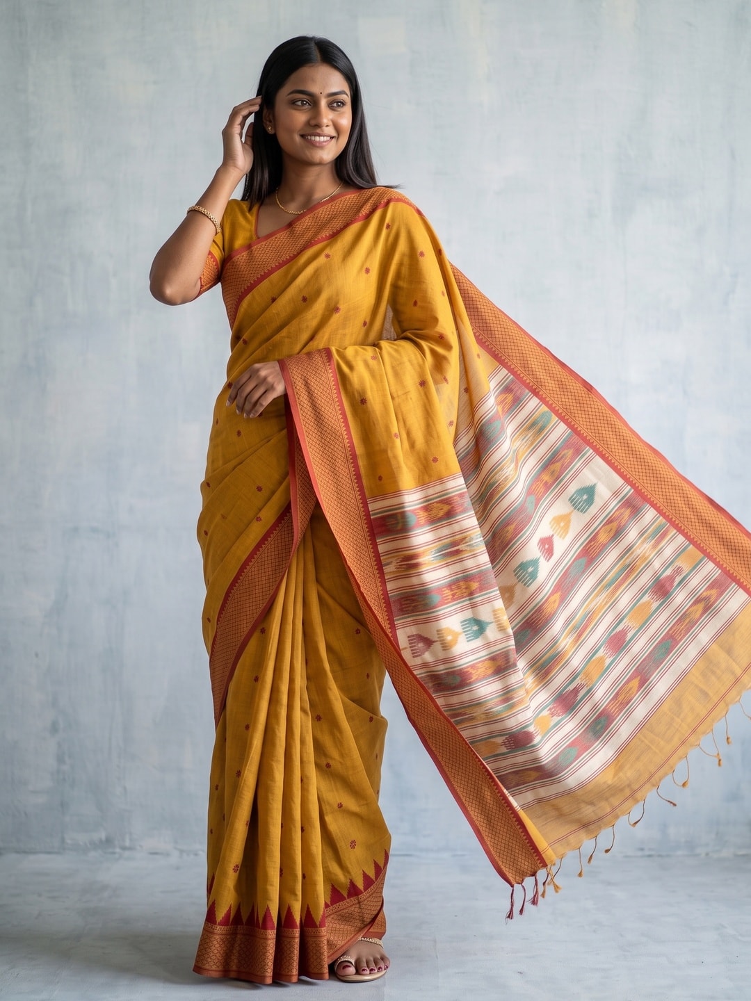 Peachmode Mustard Jamdani Cotton Woven Saree with Striped Pallu - Image 2