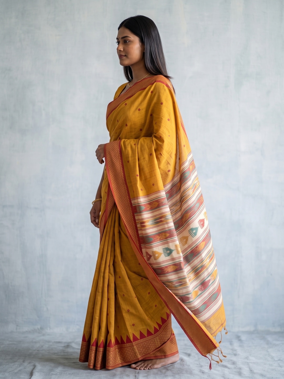 Peachmode Mustard Jamdani Cotton Woven Saree with Striped Pallu - Image 3