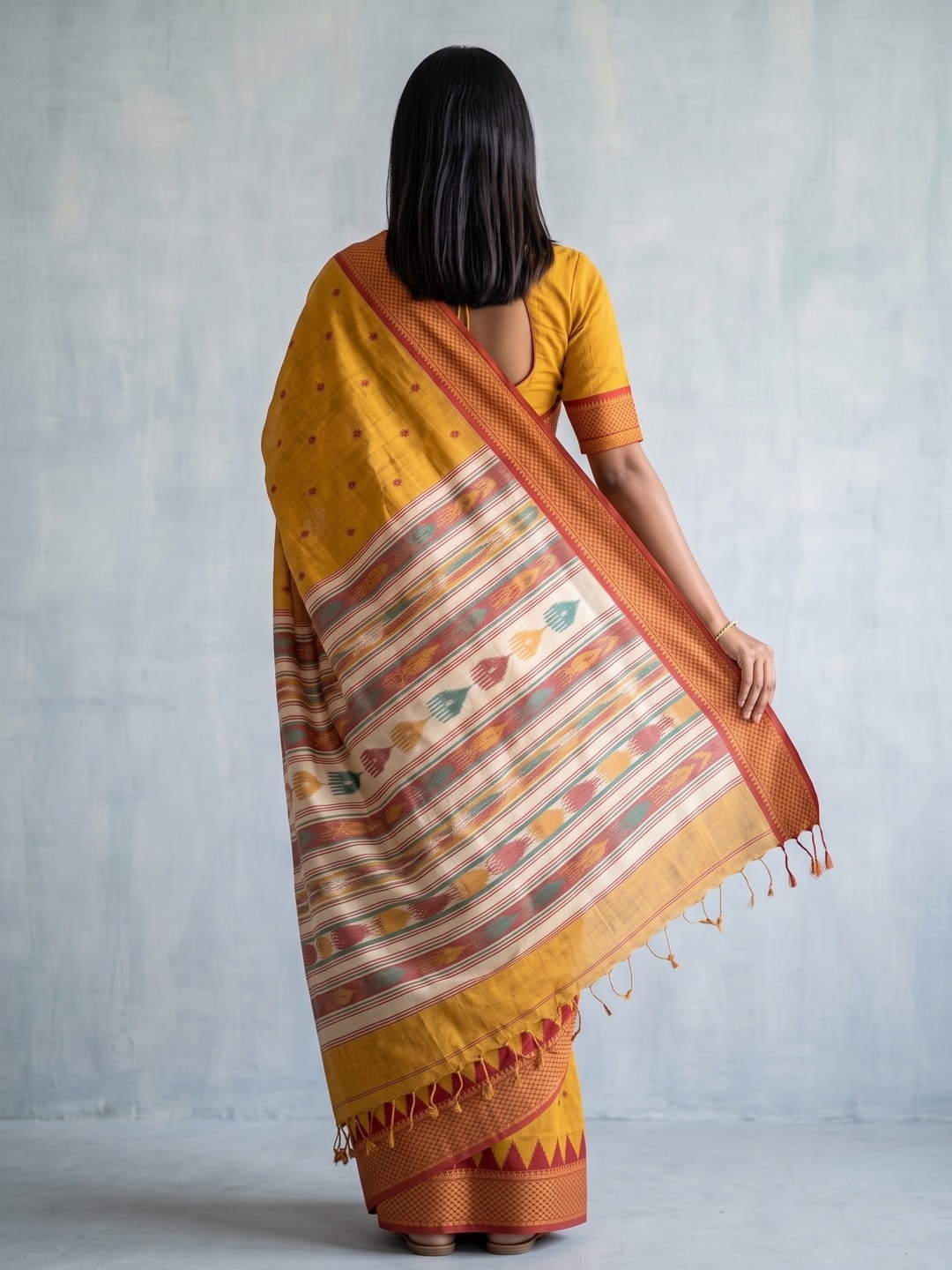 Peachmode Mustard Jamdani Cotton Woven Saree with Striped Pallu - Image 4
