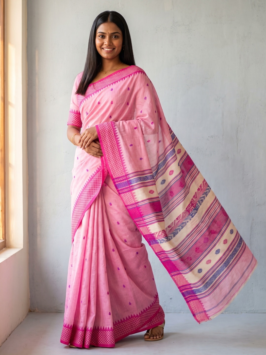 Peachmode Pink Jamdani Cotton Woven Saree with Striped Pallu - Image 1