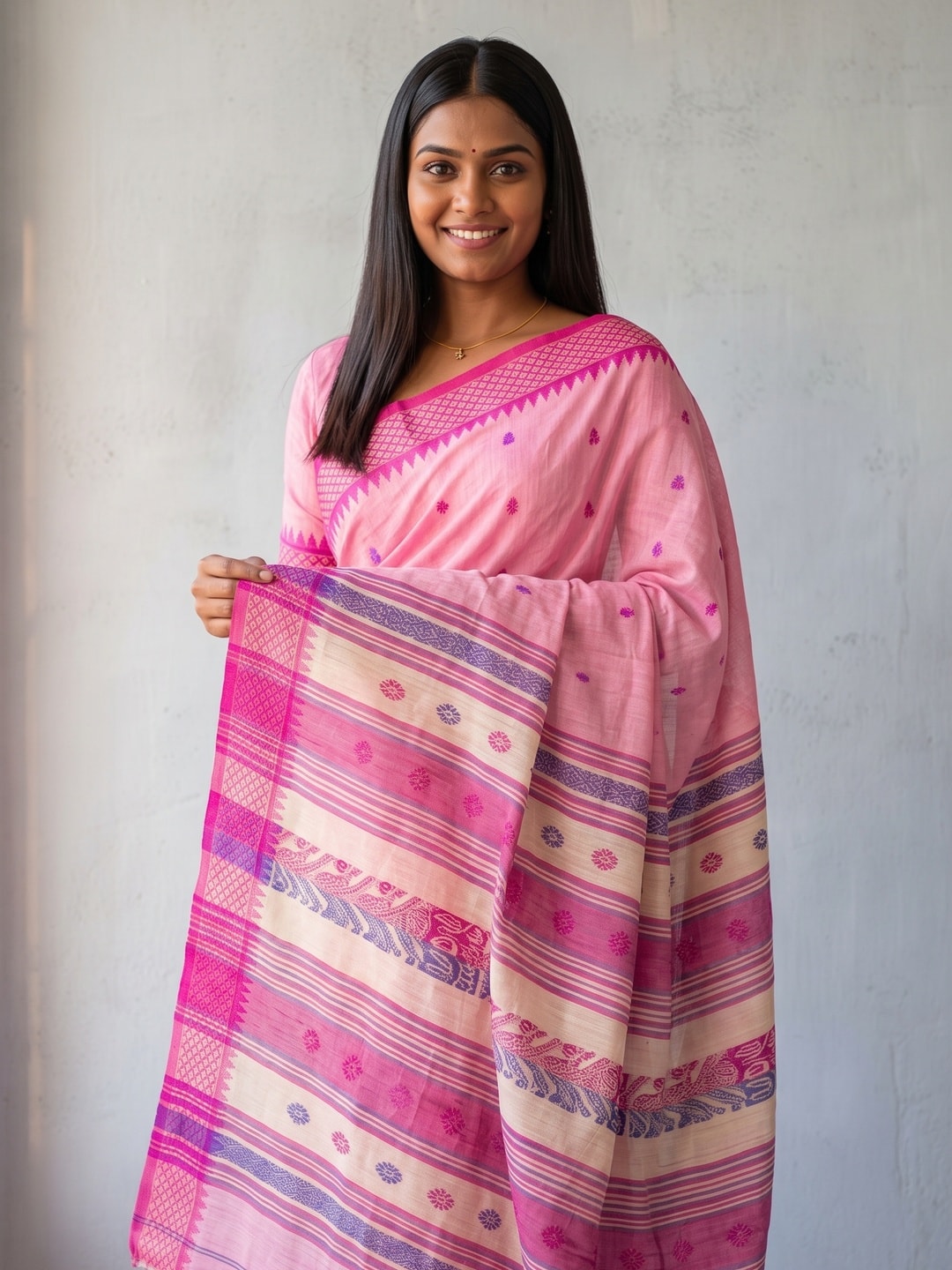 Peachmode Pink Jamdani Cotton Woven Saree with Striped Pallu - Image 5