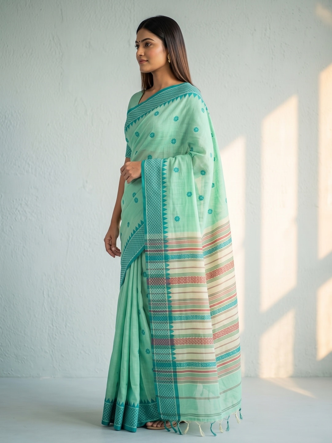 Peachmode Green Jamdani Cotton Woven Saree with Striped Pallu - Image 3