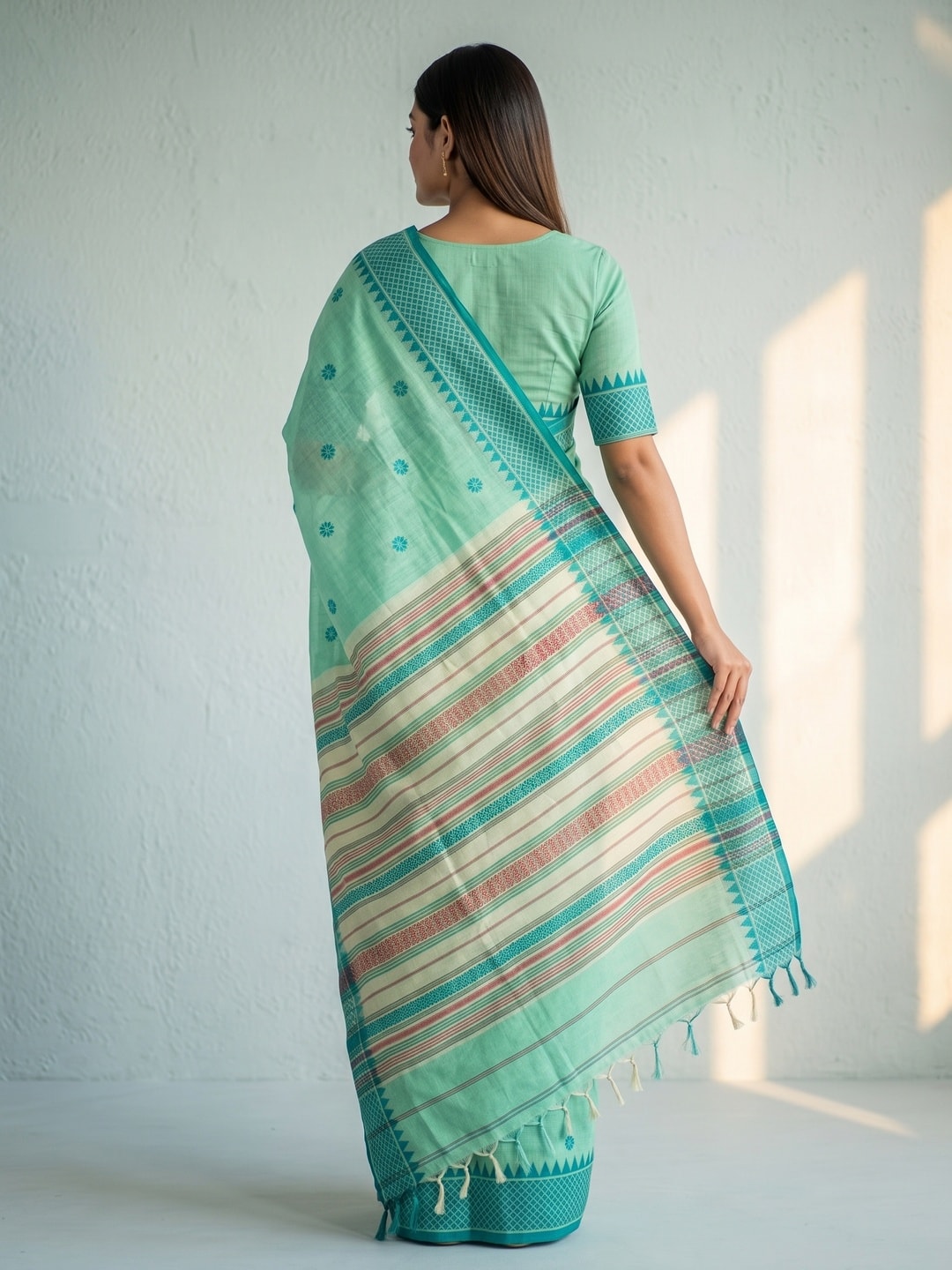 Peachmode Green Jamdani Cotton Woven Saree with Striped Pallu - Image 4