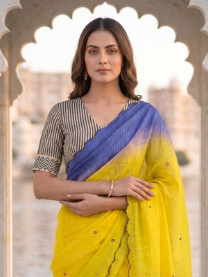 Peachmode Yellow Ombre Printed Linen Cotton Saree With Mirror Work - Image 2