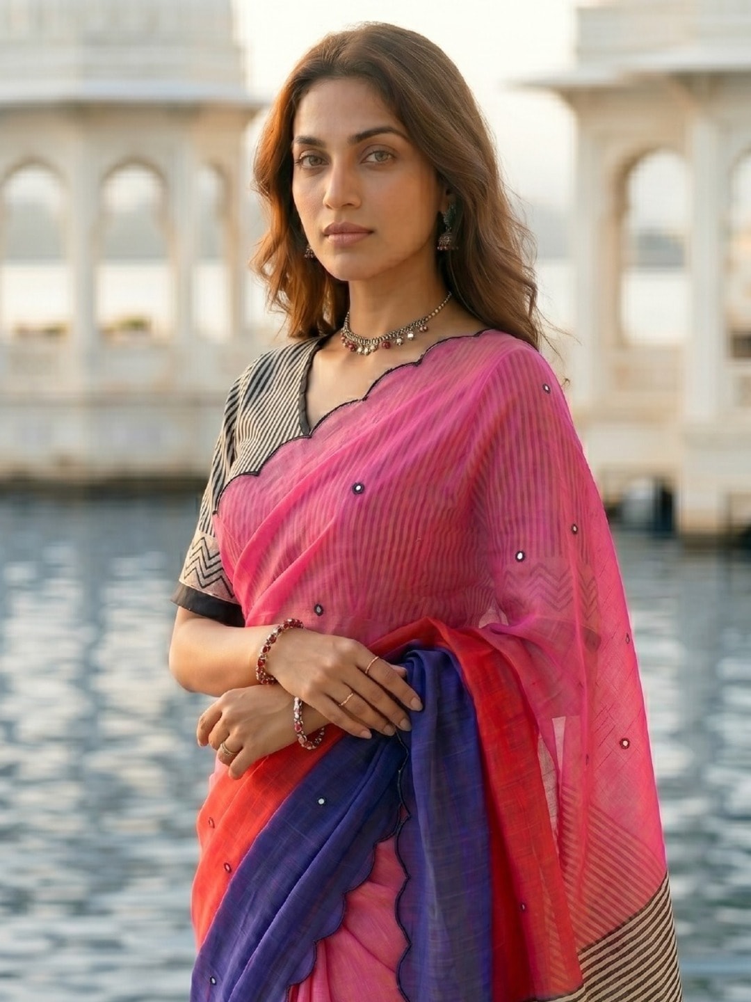 Peachmode Pink Ombre Printed Linen Cotton Saree With Mirror Work - Image 2